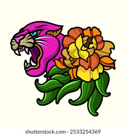 tatuaje de pantera tradicional vintage y elemento de diseño de ilustración de flores icono de mascota de tatuaje de la vieja escuela animal salvaje camiseta, ropa.