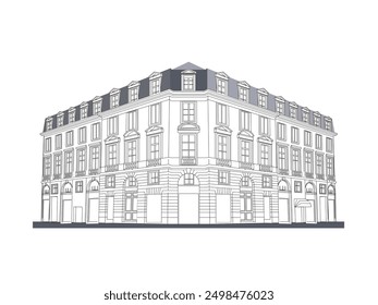 Traditional Paris house. Beautiful vector illustration in modern style isolated on a light blue background.