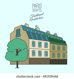Traditional Paris house. Beautiful vector illustration in modern style isolated on a light blue background. Paris main sights collection.