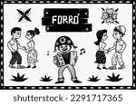 Forró, traditional party from the northeast of Brazil. Dancers and accordionist. art in woodcut and cordel style.