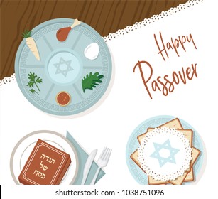 traditional Passover table for Passover dinner with Passover plate and Haggadah story. vector illustration template design