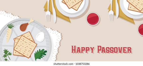 traditional Passover table for Passover dinner with Passover plate. vector illustration template banner design