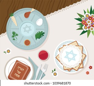 traditional passover table for Passover dinner with passover plate. vector illustration template (Passover Haggadah in Hebrew)