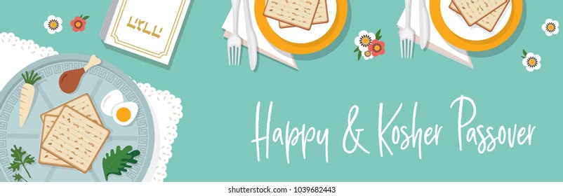 traditional passover table for Passover dinner with passover plate. vector illustration template banner design (Passover Haggadah in Hebrew)