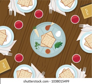 traditional Passover table with Passover plate and Haggadah book. vector illustration