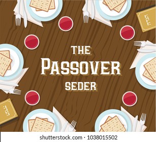 traditional Passover table with Passover plate and Haggadah book. vector illustration