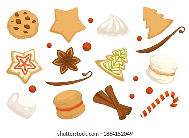 Traditional pastry and baked desserts for xmas celebration. Christmas holiday menu. Gingerbread cookies with frosting and raisins. Cinnamon and candy, marshmallow and berry. Vector in flat style