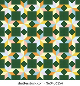 Traditional patchwork quilt in vintage style. Geometric square shapes. Vintage geometric print illustration element. Wallpaper background. Aztec Boho traditional patchwork quilt for design print.