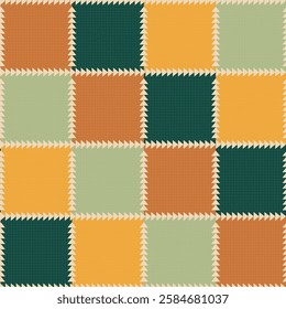 Traditional, patchwork-inspired, hand drawn, seamless pattern in vector format. 4x4 square patches of green to yellow color palette stitched together into boho styled modern pattern.