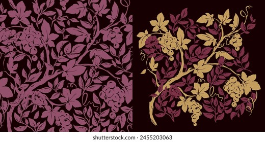 Traditional pattern with grape vine and rosehip branches with flowers. Set of seamless pattern and design element. Botanical background, vector illustration, freehand drawing.	