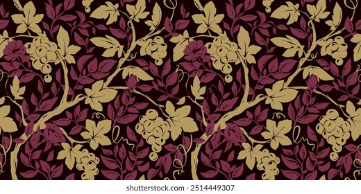 Traditional pattern with grape vine and rosehip branches with flowers. Seamless pattern, botanical background, vector illustration, freehand drawing.