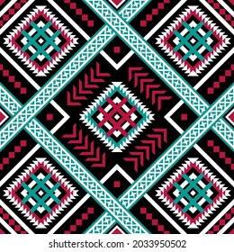 Traditional pattern, red and green geometric seamless vector pattern on black background