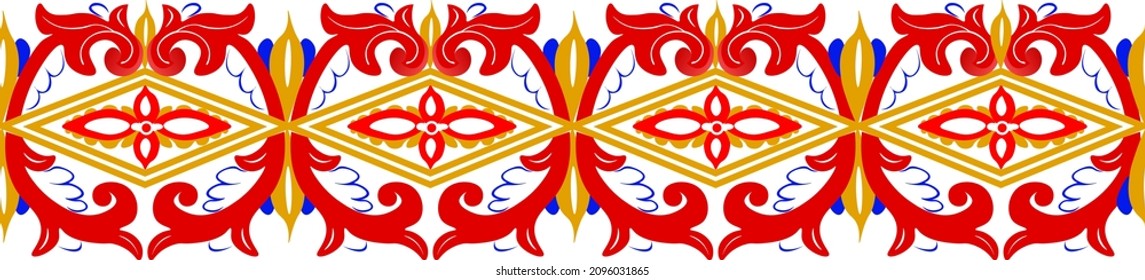 traditional pattern that is dominated by color red. there are rhomboid shapes and symmetry flowers in the middle