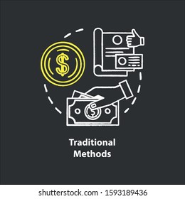 Traditional payment methods chalk concept icon. Payment with physical money idea. Cash and coins. Cheque. Currency. Retailing. Vector isolated chalkboard illustration