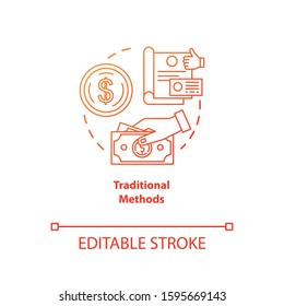Traditional payment methods red gradient concept icon. Payment with physical money idea thin line illustration. Cash and coins. Cheque. Currency. Vector isolated outline drawing