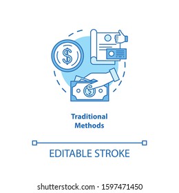 Traditional payment methods turquoise concept icon. Payment with physical money idea thin line illustration. Cash and coins. Cheque. Currency. Vector isolated outline drawing. Editable stroke