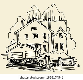 Traditional pen drawing of a country two-story house.