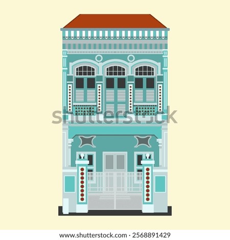 A traditional Peranakan shophouse in Singapore with intricate blue facade, red-tiled roof, and decorative windows. Reflects rich cultural heritage and architectural elegance.