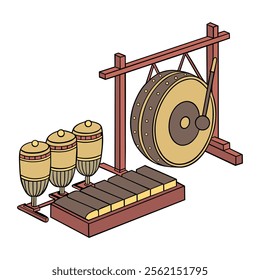 Traditional Percussion Instruments Depicting Gongs and Drums in Cartoon Style.