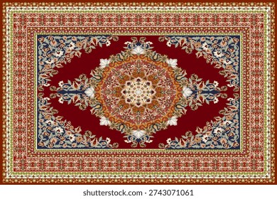 Traditional Persian carpet design featuring an intricate eight-point star medallion at the center, surrounded by detailed floral motifs and elegant arabesque patterns. The rich navy blue and deep red color palette enhances the symmetrical composition and decorative borders, reflecting classic Middle Eastern craftsmanship and timeless cultural heritage. Ideal for luxury interior design, textile patterns, wallpaper backgrounds, ornamental graphics, and premium decorative projects.