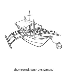 Traditional Philippines fish boat. Isolated on white background. Line art style. Vector illustration. Coloring book. Sea, ocean, marine, diving, scuba, fishing, tourism, tour, adventures, swimming.