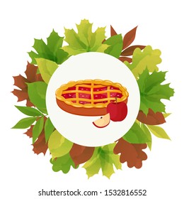 Traditional pie with apple and leaves. Autumn vector cartoon illustration.