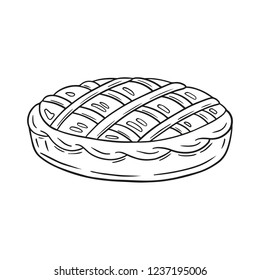 Traditional pie outline drawing. Festive snack for tea. Bakery covered with dough lattice. Food illustration hand drawn sketchy style isolated on white background. Christmas holiday dinner vector.