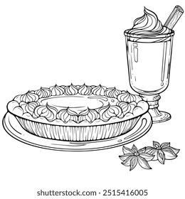 Torta tradicional com chantilly ou merengue em cima, cappuccino com chantilly e canela. Ilustração vetorial em estilo de esboço desenhado à mão. Linhagem isolada em branco para colorir livro, impressão