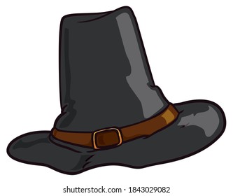 Traditional pilgrim hat with wrinkled brim, dark color, band and buckle, isolated over white background.