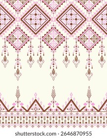 Traditional pink and brown Thai textile pattern with geometric diamonds and ornamental elements. Ethnic design ideal for fabric, crafts, and cultural-themed projects.