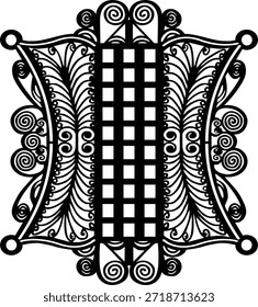 Traditional Pinto Aceh motif vector illustration. Iconic Indonesian ethnic ornament from Aceh province. Symmetrical black and white filigree design isolated on white background.