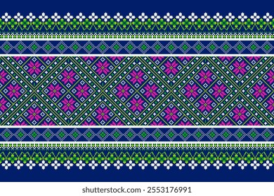 Traditional Pixel Art of Floral and Geometric Fusion, Floral Diamond Harmony in Pink and Green