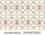 Traditional pixel art floral pattern in soft pink and green tones on beige background. Seamless cross-stitch design for fabric, wallpaper, and decoration.