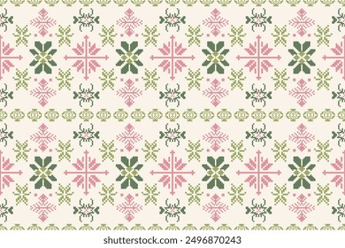 Traditional pixel art floral pattern in soft pink and green tones on beige background. Seamless cross-stitch design for fabric, wallpaper, and decoration.