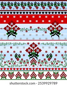 Padrão Floral Tradicional Pixel Art com Corações, Estilo Cross-Stitch