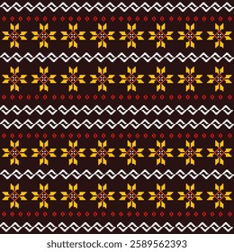 "Traditional pixel art pattern featuring striking geometric designs with vibrant sunflower motifs in yellow and orange, set against a rich dark background.