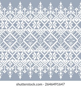 Traditional pixel folk textile pattern in grey and white. Seamless ethnic design perfect for fabric and cultural themes.