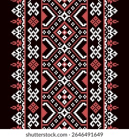 Traditional pixel folk textile pattern in red  black and white. Seamless ethnic design perfect for fabric and cultural themes