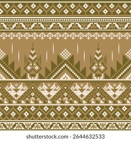 Traditional pixel pattern with temple motifs, birds, and symmetrical tribal forms in muted khaki and sand tones, inspired by Southeast Asian weaving.
