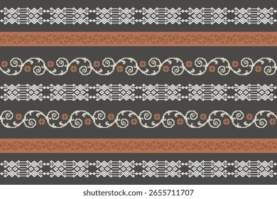 Traditionelles ethnisches Stoffmuster im Pixel-Stil mit geometrischen Stammesmotiven in Braun-, Beige- und Schwarztönen, perfekt für Hintergründe oder Stoffdesigns.