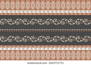 Traditional pixel-style ethnic textile pattern with geometric tribal motifs in brown, beige, and black tones, perfect for backgrounds or fabric designs.