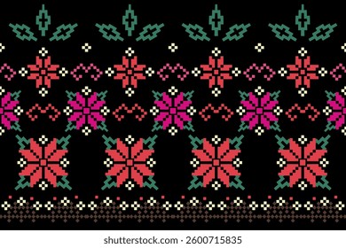 Traditional pixel-style floral embroidery pattern with red and pink flowers, green leaves, and yellow accents on a black background. Great for textiles, fabric design, and digital art.