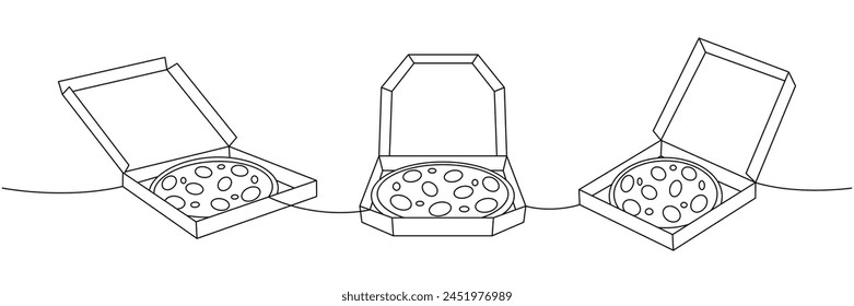Traditional pizza in boxes one line continuous drawing. Traditional italian fast food continuous one line illustration.