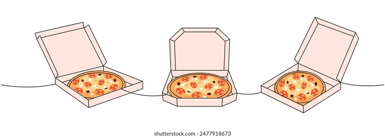 Traditional pizza in boxes one line colored continuous drawing. Traditional italian fast food continuous one line illustration.