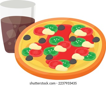 traditional pizza with cola concept, Italian staple Flatbread vector icon design, Fast Food symbol, Junk food sign, popular inexpensive good taste snacks stock illustration 