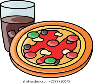 traditional pizza with cola concept, Italian staple Flatbread vector color icon design, Fastfood symbol, Grab and go meals sign, Takeout takeaway snack stock illustration