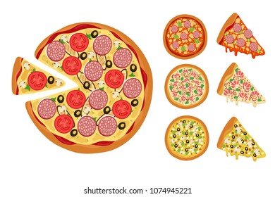 Traditional pizza elements. Whole hot pizza slices vector set isolated on white background. Illustration of hot food for menu, cheese and tomato