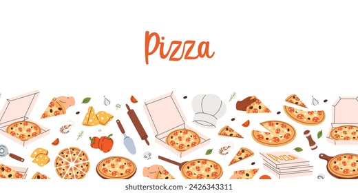 Traditional pizza horizontal banner. Traditional italian fast food. Restaurant cafe menu. Whole and pieces italian pizza. Vector illustration.