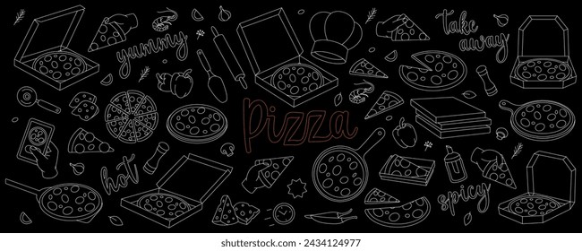 Conjunto de contorno de pizza tradicional. Comida rápida italiana. Menú café restaurante. Pizza italiana entera y en trozos. Ilustración vectorial.