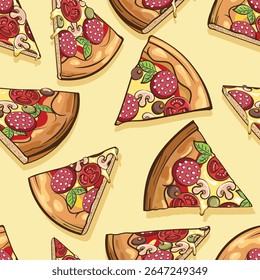 Traditional pizza pieces seamless pattern. Pizzeria delicious background vector illustration
